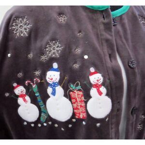 Karen Scott Vtg Holiday Velvet Snowman Cardigan Dark Gray  XL euc